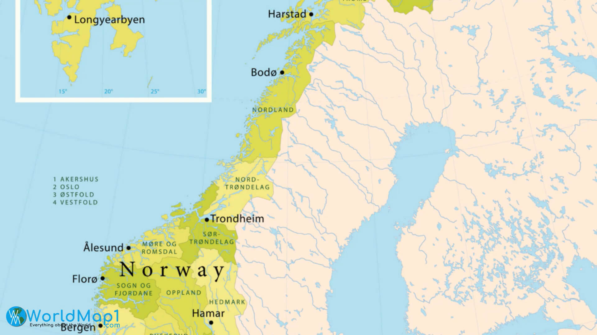 Norway Provinces Map with City of Bergen
